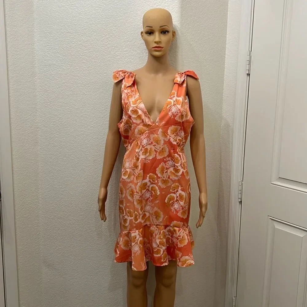 Jjwm Woman Dress Summer Floral Sz Large V Neck Sleeveless Ruffled Mini Orange